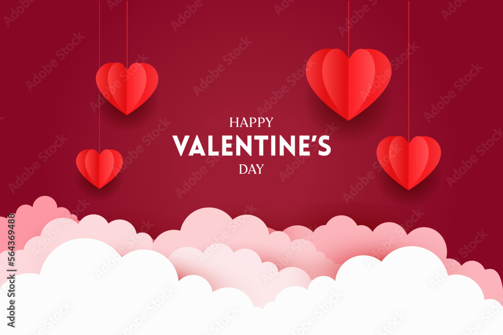 14 February Happy Valentine's Day greeting card banner. Background with red hearts and clouds typography.