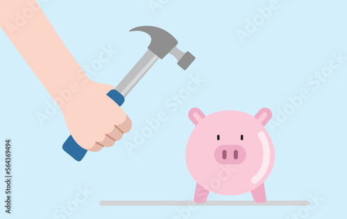 Human hand holding hammer above piggy bank banner vector illustration. Crashing piggy bank concept, needing money, spending savings, man about to crash piggy bank.