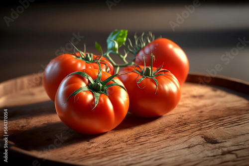 closeup of some tomatoes on a stylish wodden plate, Generative AI
