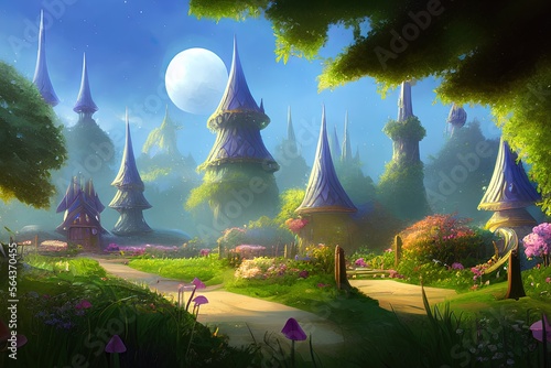 Magic elven house with fairy tale mushroooms and flowers, mystical forest, glowing lights, dreamland photo