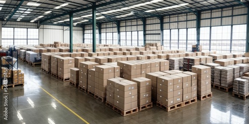 Warehouse with endless pallets of boxes and storage, robots and people working, massive factory facility, ai generated.
