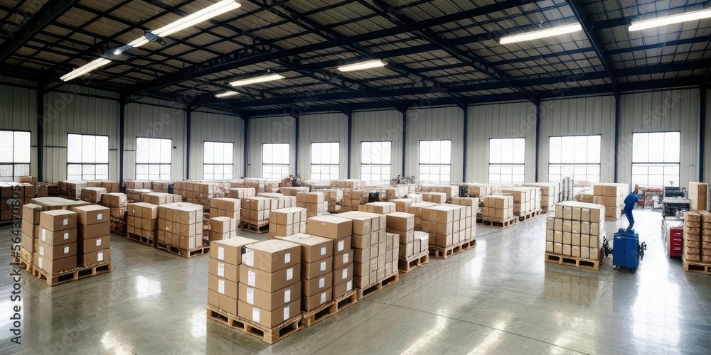 Warehouse with endless pallets of boxes and storage, robots and people working, massive factory facility, ai generated. Warehouse with endless pallets of boxes and storage, robots and people working, massive factory facility, ai generated.