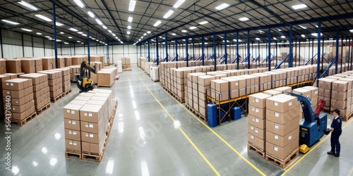 Warehouse with endless pallets of boxes and storage, robots and people working, massive factory facility, ai generated.