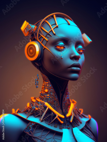 crazy female cyborg woman with metallic cybernetic ornaments, cyberpunk with headphones, fictional person created with generative ai photo