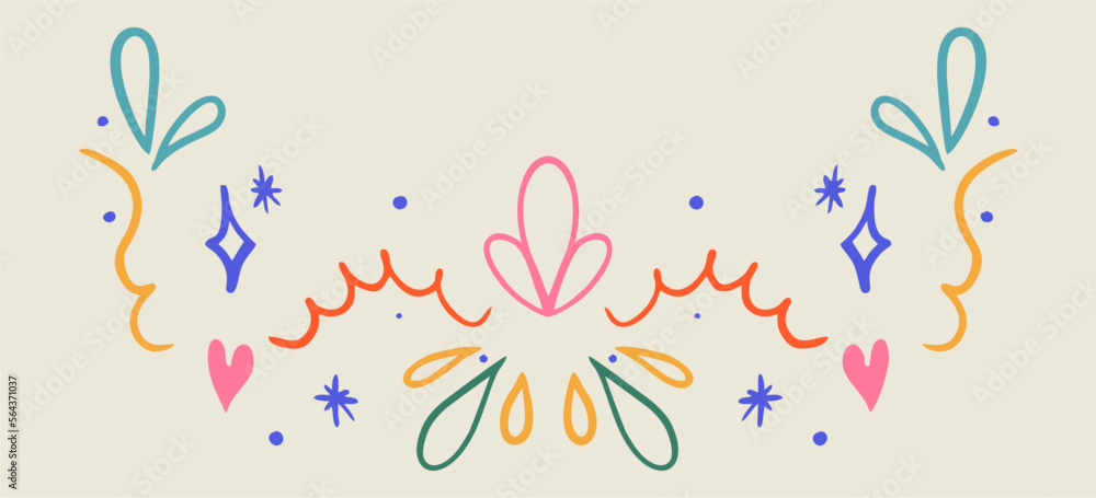 Vector sticker, tattoo. The tattoo is drawn with a thin line. Bright patterns and flowers hand-drawn. Vector illustration.