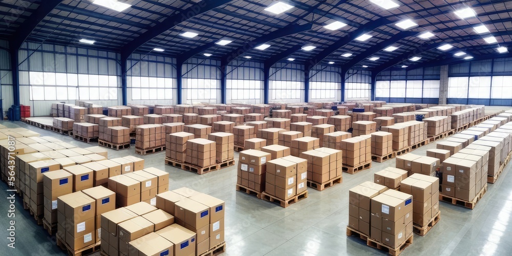 Warehouse with endless pallets of boxes and storage, robots and people working, massive factory facility, ai generated. Warehouse with endless pallets of boxes and storage, robots and people working, massive factory facility, ai generated.