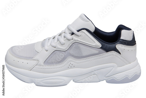 White sports shoes made of combined fabric, with a thick sole, on a white background, isolate