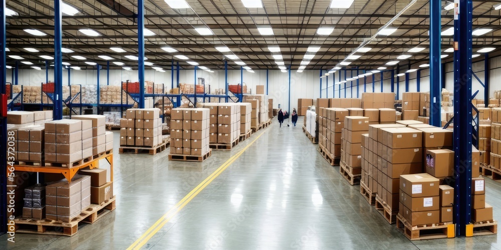 Warehouse with endless pallets of boxes and storage, robots and people working, massive factory facility, ai generated. Warehouse with endless pallets of boxes and storage, robots and people working, massive factory facility, ai generated.