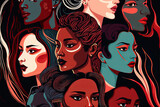 Abstrakte Illustration verschiedener Gesichter von Frauen unterschiedlicher ethnischer Herkunft, Internationaler Frauentag