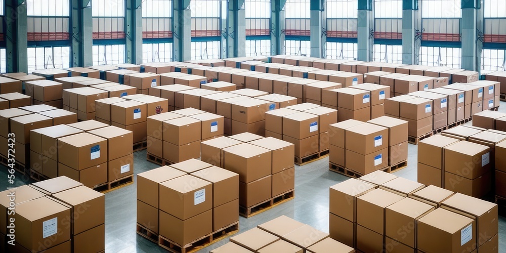 Warehouse with endless pallets of boxes and storage, robots and people working, massive factory facility, ai generated. Warehouse with endless pallets of boxes and storage, robots and people working, massive factory facility, ai generated.