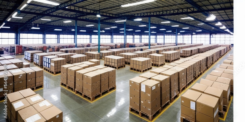 Warehouse with endless pallets of boxes and storage, robots and people working, massive factory facility, ai generated.