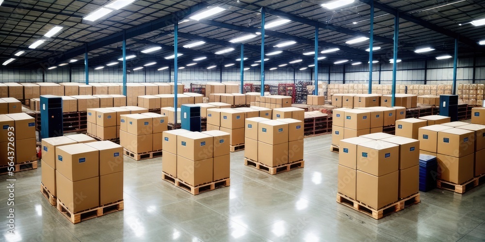 Warehouse with endless pallets of boxes and storage, robots and people working, massive factory facility, ai generated. Warehouse with endless pallets of boxes and storage, robots and people working, massive factory facility, ai generated.