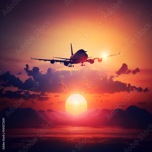 Jet liner plane flying at sunset. Generative AI. © DALU11