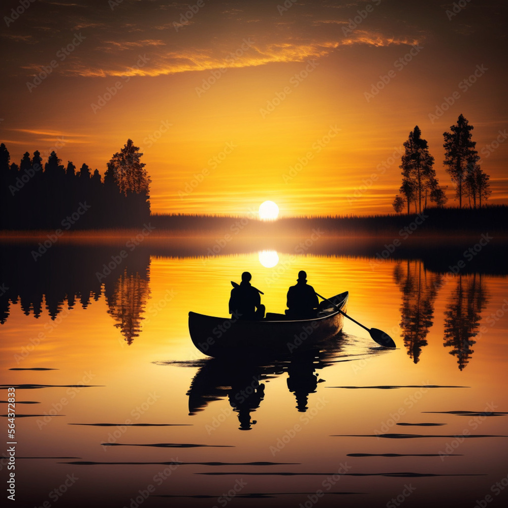 People canoeing on a lake at sunset. Generative AI.