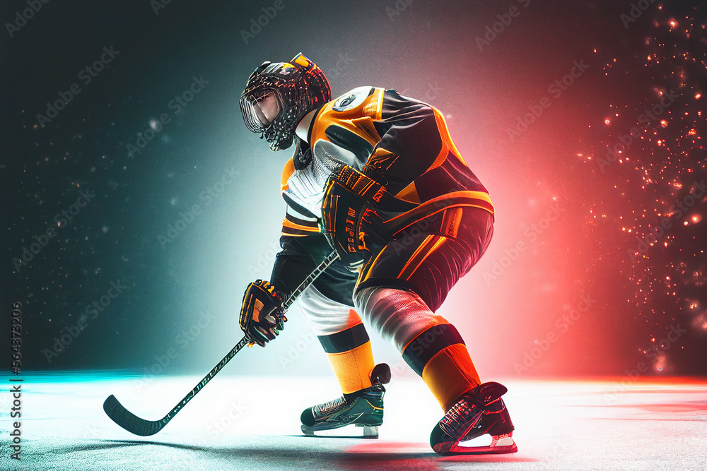 Obraz premium Athlete in action. Professional hockey player in the helmet and gloves on ice. Ice hockey rink arena. Sports emotions. Dramatic wide shot, cinematic lighting. Generative AI