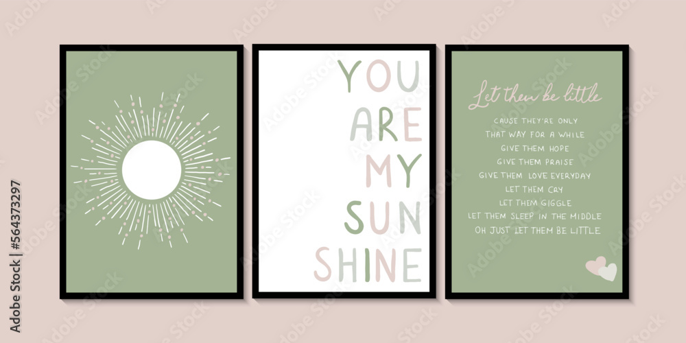 Fototapeta premium Baby room you are my sun shine. Baby room wall art. Pink and green triple wall set. Kids room print illustration.