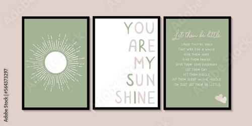 Baby room you are my sun shine. Baby room wall art. Pink and green triple wall set. Kids room print illustration.