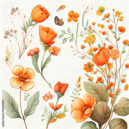 spring orange flowers clipart  vintage watercolor . Ai Generative