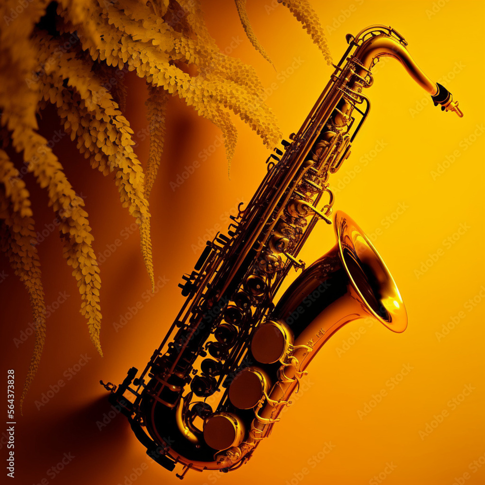 Naklejka premium Saxophone on a yellow background. Generative AI.