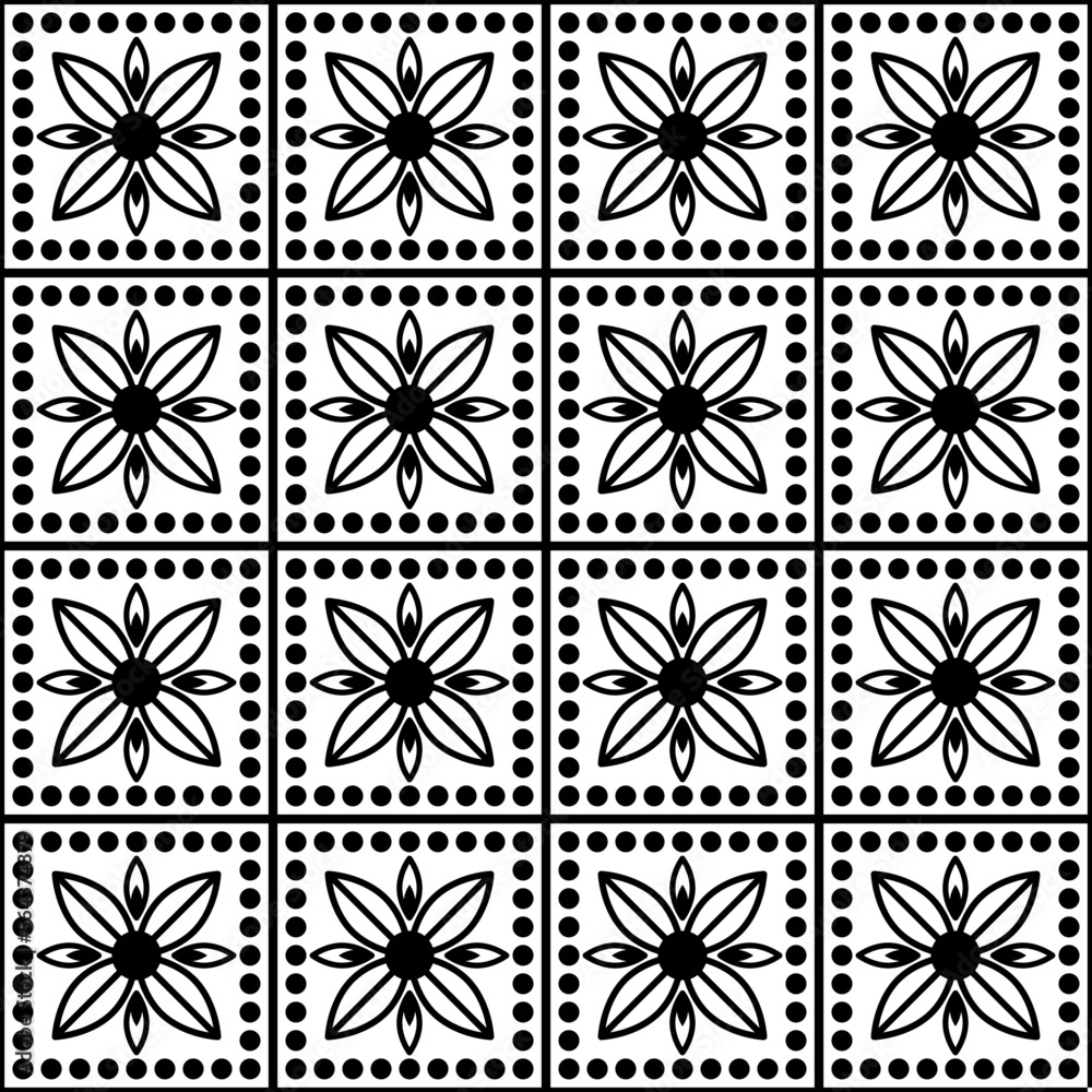 Abstract floral pattern with repeating elements and dots. Black and white template. Endless background. Abstract floral pattern with repeating elements and dots. Black and white template. Endless background.