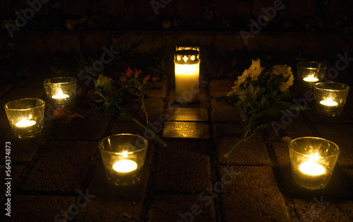 Sound of stumbling blocks in Jena with candlelights, copy space