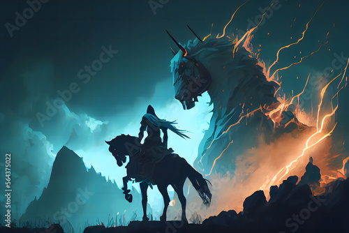 A knight with his horse standing on the dark skull cliff © Hui