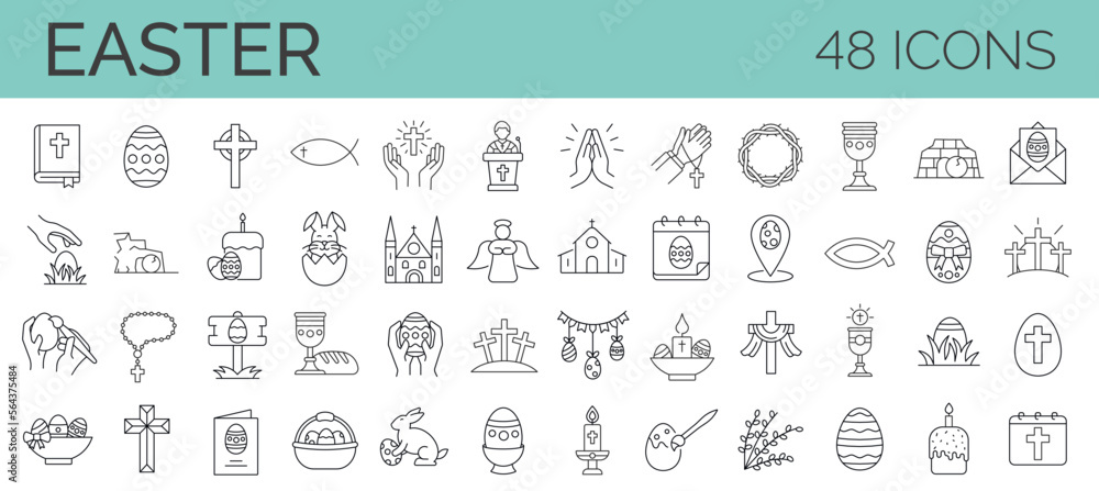 Set of 48 easter line icons. Spring, holidays, Christ, God, Christianity. Collection of editable stroke icons. Vector illustrator. - obrazy, fototapety, plakaty 