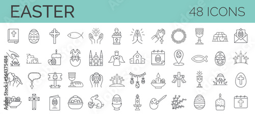 Set of 48 easter line icons. Spring, holidays, Christ, God, Christianity. Collection of editable stroke icons. Vector illustrator.
