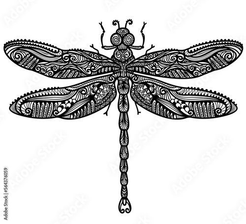Dragonfly printable vector illustration in black white graphic illustration isolated on white background for print or design