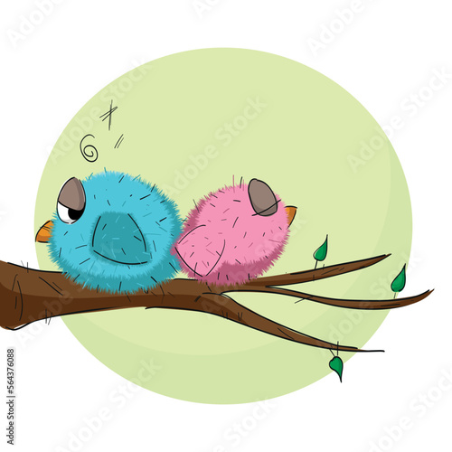 Nice vector illustration of two angry little birds on a tree branch with a big moon in the background