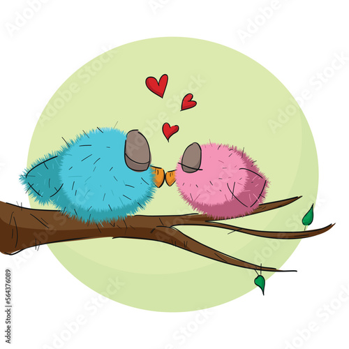 Nice vector illustration of two little birds in love and kissing on a tree branch with a big moon in the background. Valentine's day card