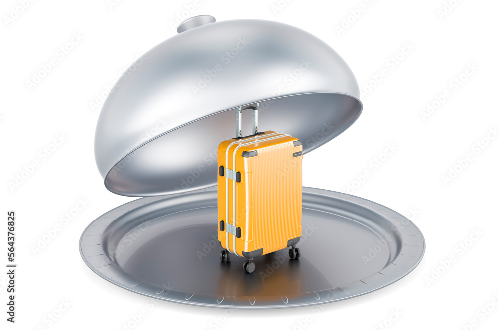 Restaurant cloche with Hardside Luggage, 3D rendering Restaurant cloche with Hardside Luggage, 3D rendering