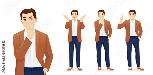 Business young man in casual clothing frustrated, thinking looking away and making idea pointing up isolated on white background vector illustration