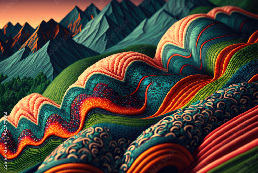 Wool fabric, yarn and sewing material for crochet and knitting of vibrant colorful landscape with majestic mountains, rolling hills, vineyards, and river closeup