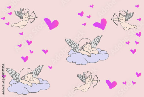 Photography seamless pattern with cherubs (with angels) and pink hearts on a light backgroun