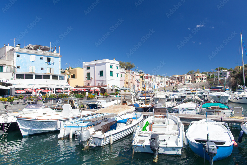 View of boats in port, Procida, Italy. Italian Islands.