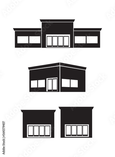 Storefront icons in black and white. Retail building and windows.