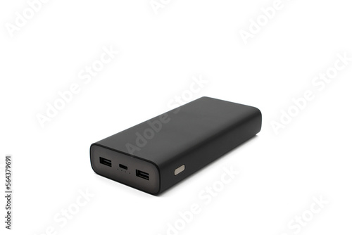 Power bank for charging mobile devices. Black smart phone charger. Isolated on white background