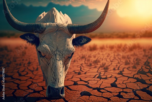 white bull head skull on drought dry crack surface land, idea for environment preservation, climate change, extreme weather, Generative Ai