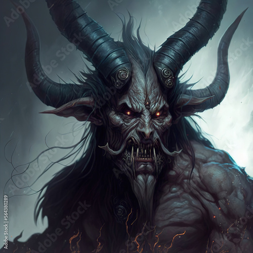 a demonic creature with large horns and sharp teeth, fantasy concept art illustration 