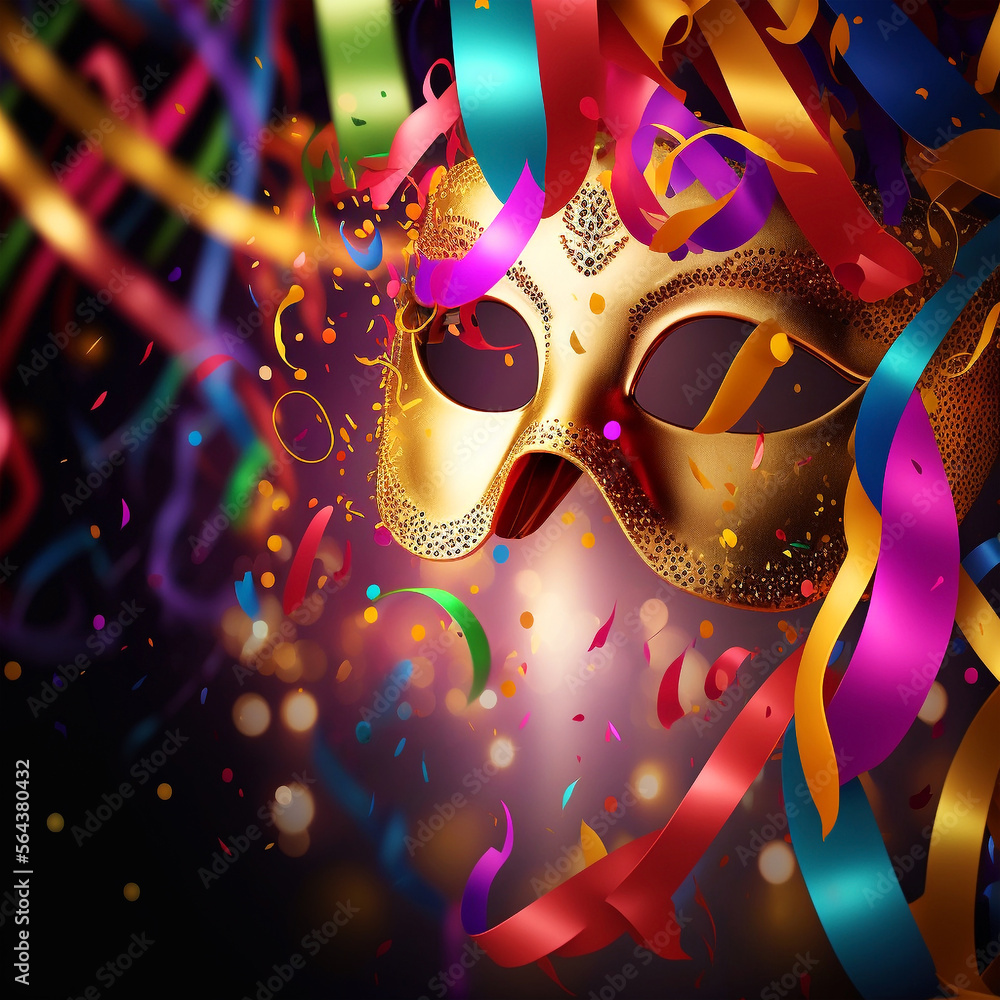 Carnival theme with gold mask with streamers and confetti in vivid colors on magenta background
