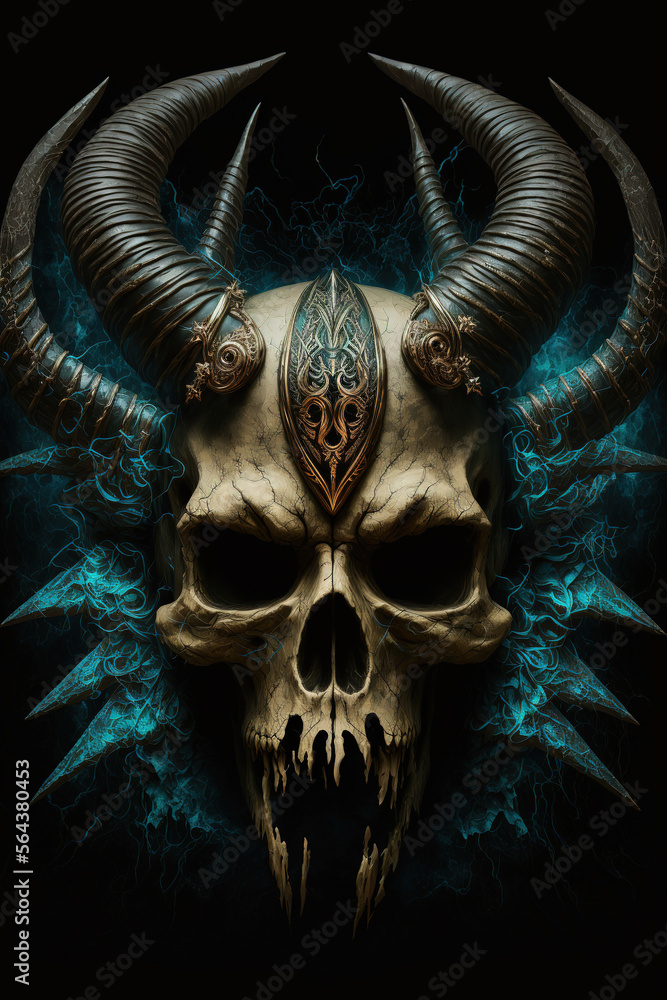 Naklejka premium a skull with horns and fangs on a black background , art illustration 