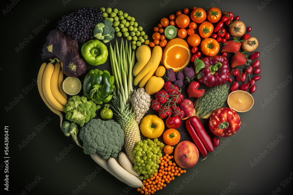 fruits and vegetables laid out in the shape of a heart, illustration 