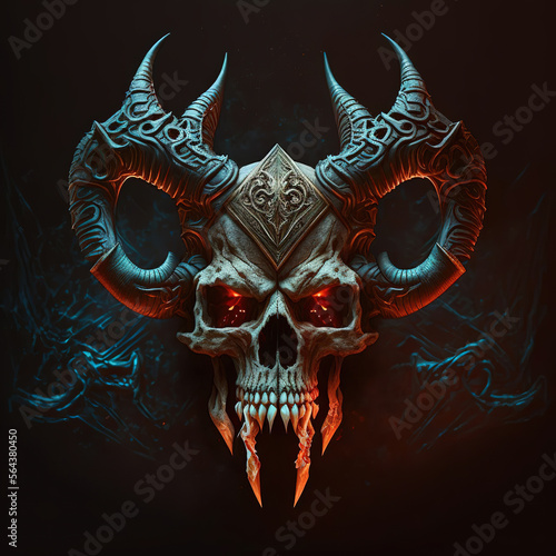 a skull with horns and fangs on a black background , art illustration 