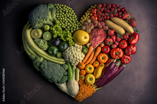fruits and vegetables laid out in the shape of a heart, illustration 