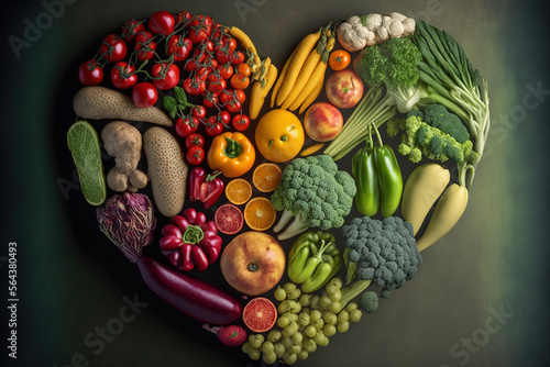 fruits and vegetables laid out in the shape of a heart  illustration 