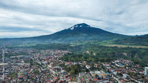 Aerial view of Jam Gadang, a historical and most famous landmark in BukitTinggi City, an icon of the city and the most visited tourist destination by tourists.