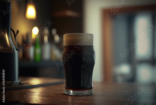 illustration of a glass of dark beer on wooden counter in dramatic atmosphere Generative Ai