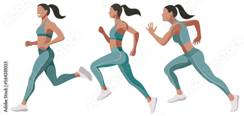 vector set images of a beautiful slender girl in a sports uniform (leggings and a sports bra) is engaged in fitness, sports, trains isolated on a white background. woman runs. morning run. jogging.
