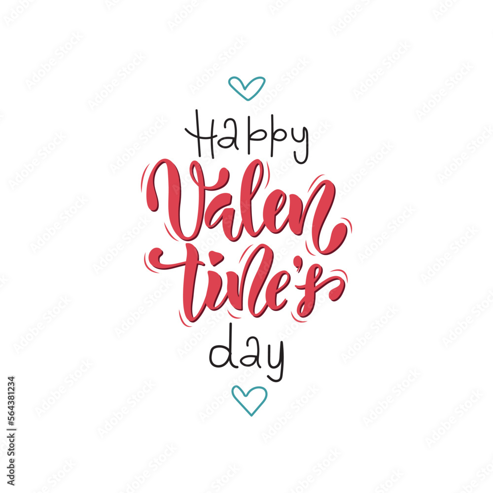 Happy Valentine's Day handwritten text. Hand lettering typography, modern brush ink calligraphy with romantic symbols. Vector colorful illustration. Concept for greeting card, banner, poster, print